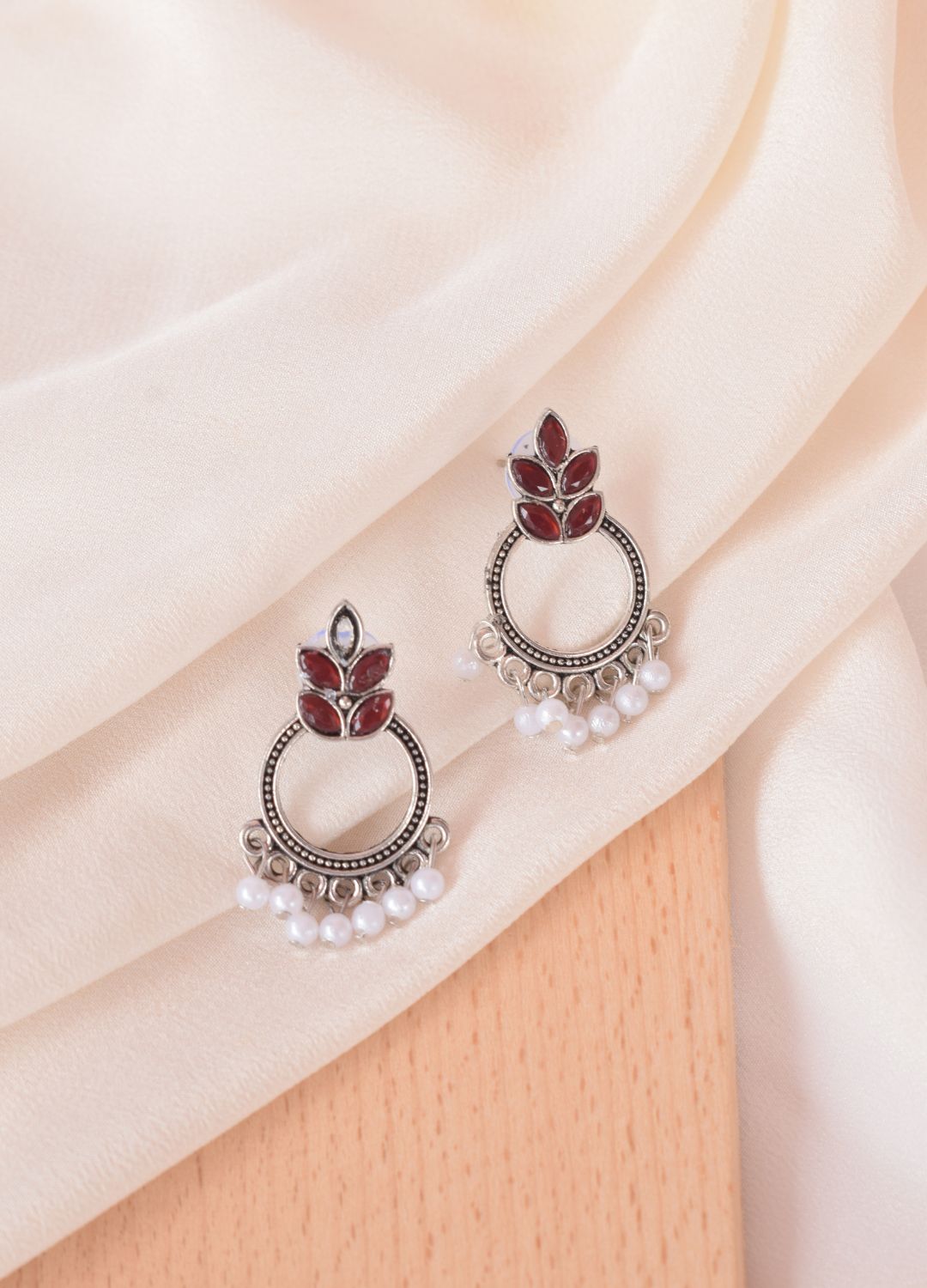 Refined Red Floral Silver Toned Chandbalis