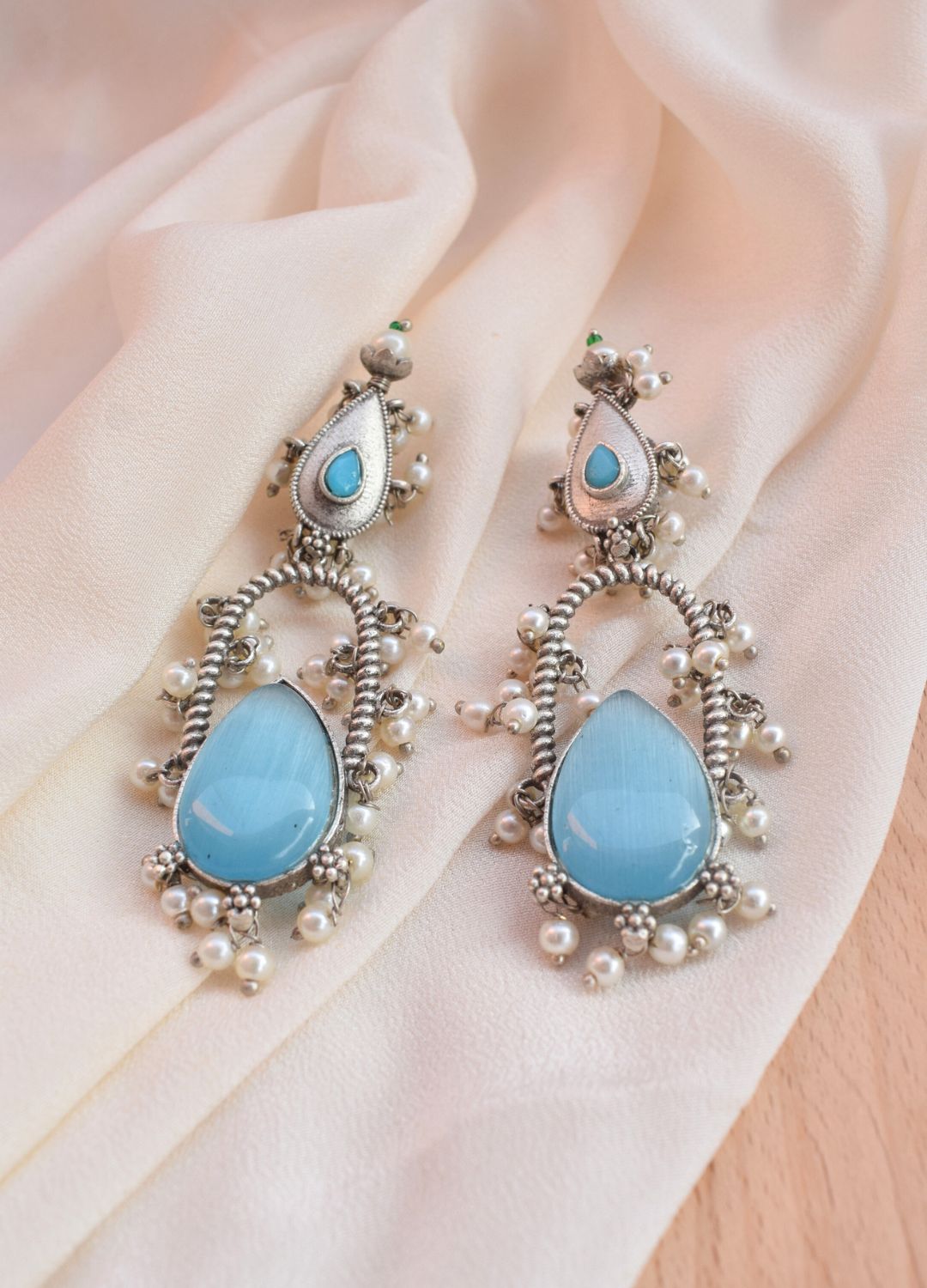 Blue Stone Oxidized Long Earrings