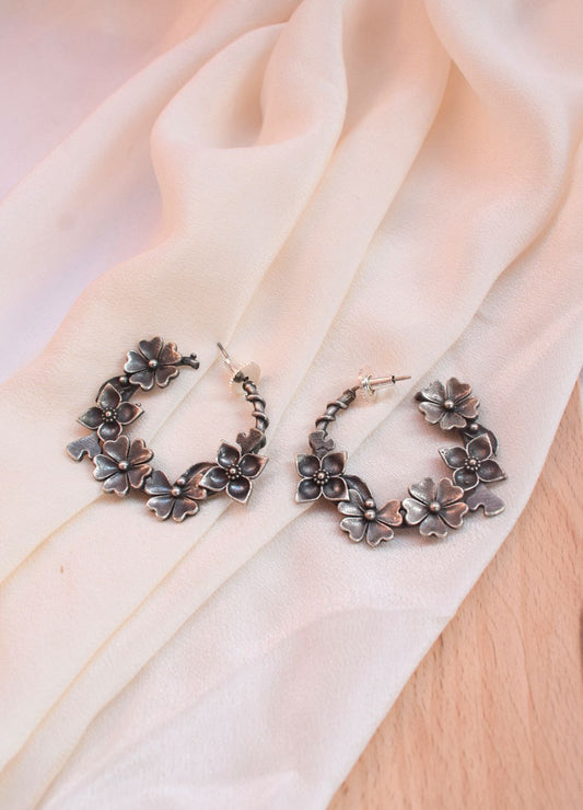 Flowers Brass Oxidized Hoop Earring