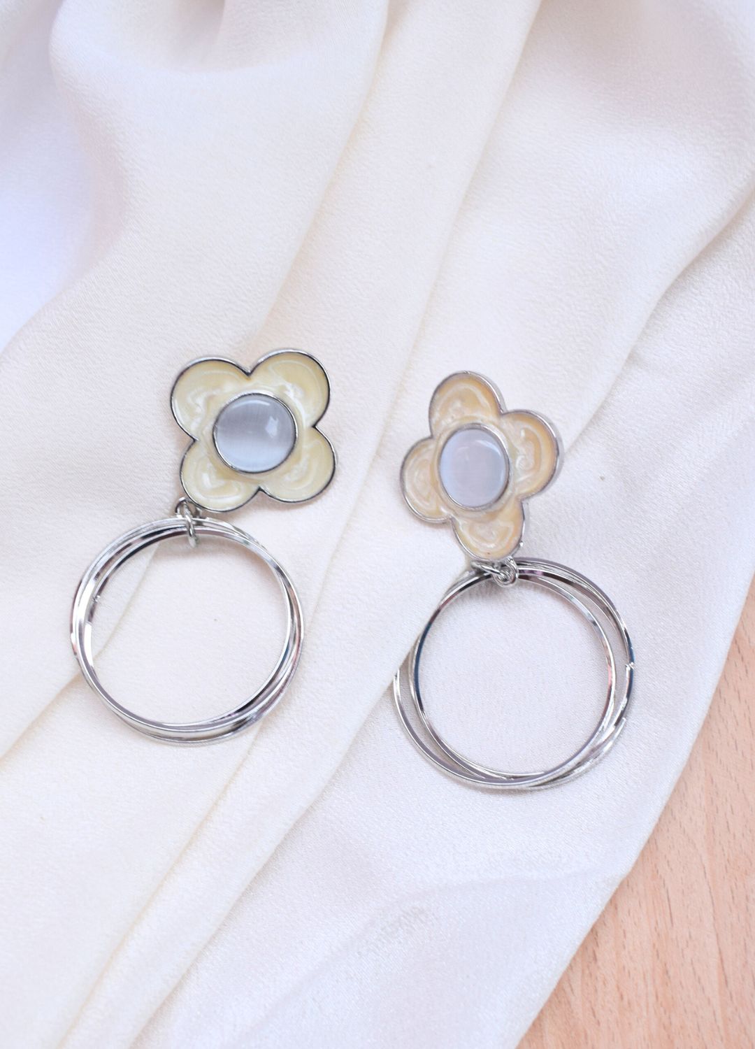 Gleaming Silver Flower Round Hoop Earrings