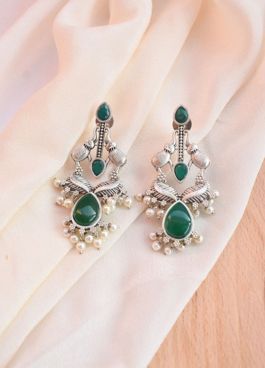 Green Stone Oxidized Long Earrings