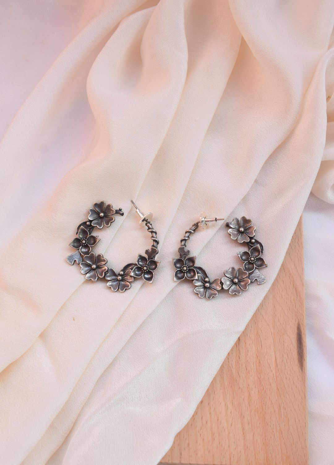 Flowers Brass Oxidized Hoop Earring