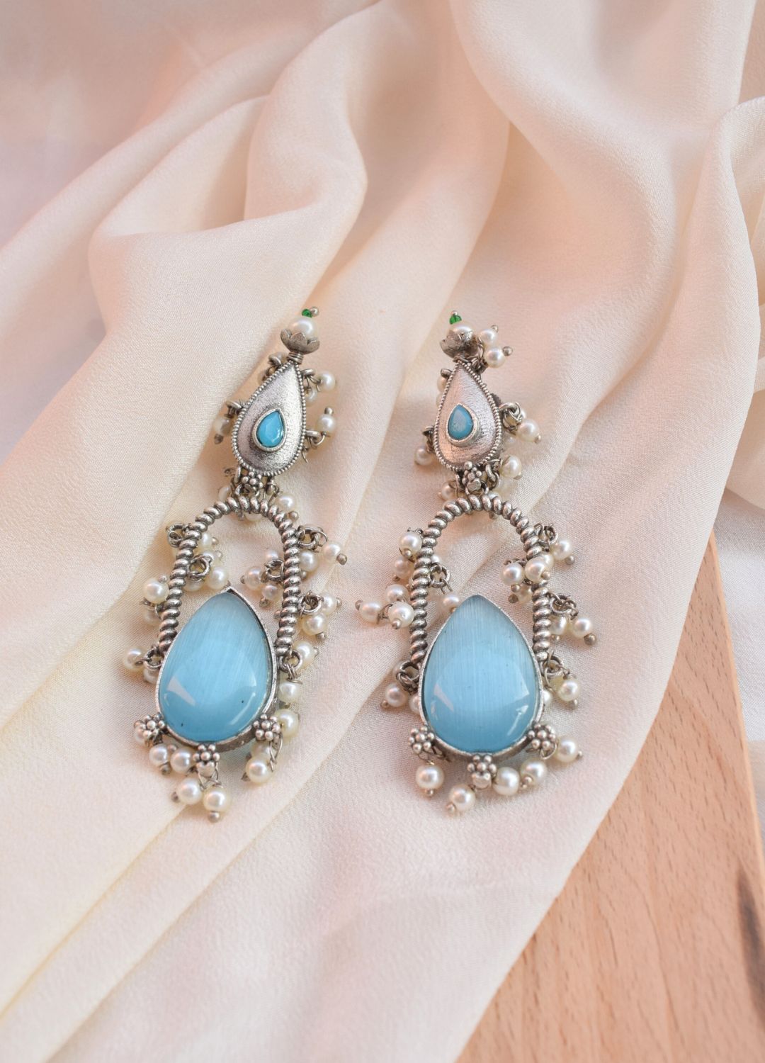 Blue Stone Oxidized Long Earrings