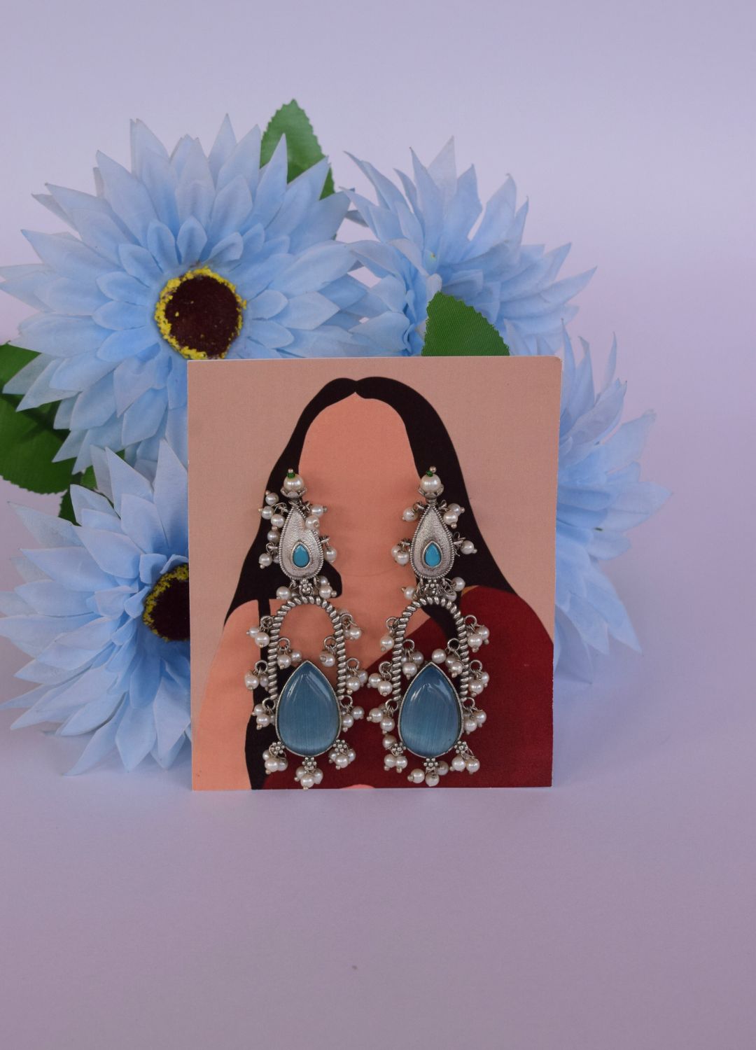 Blue Stone Oxidized Long Earrings